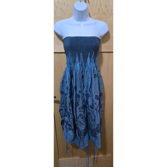 Strapless Blue Floral Embroidered Summer Dress With Smocked Bodice & Ruffled Ski - Picture 1 of 10